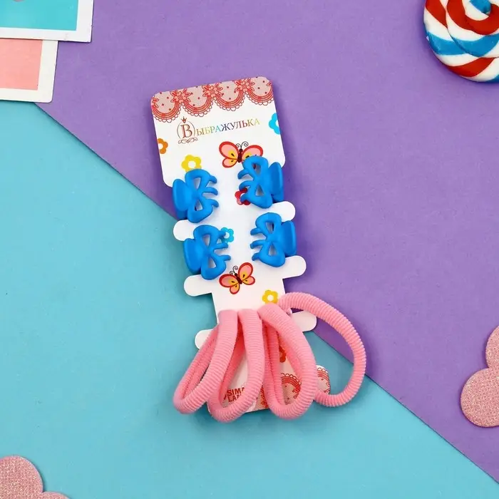 Набор для волос "Оливия" (4 резинки 4 см, 4 краба 2 см) бантик, сине-розовый