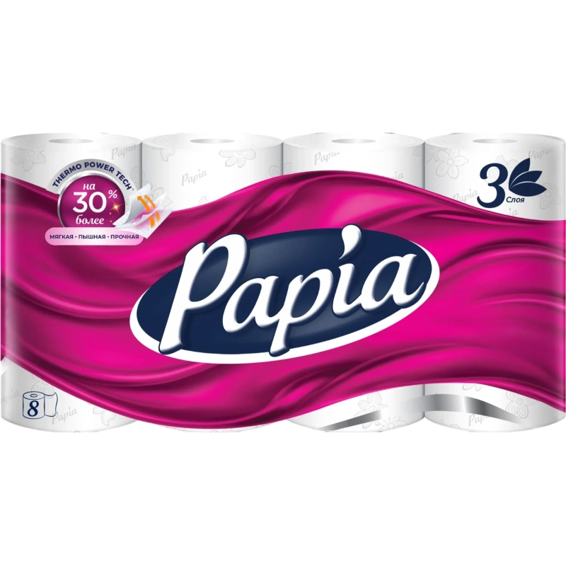 Бумага туалетная Papia Белая 3сл бел 100%цел втул 16,8м 140л 8рул/уп