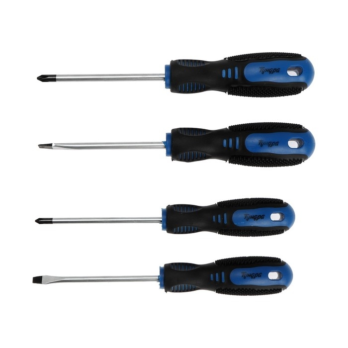Набор отверток ТУНДРА, CrV, хром, магнит, 2К рукоятки, PH1,PH2,SL5,SL6 х 100 мм, 4 шт. Набор отверток ТУНДРА, CrV, хром, магнит, 2К рукоятки, PH1,PH2,SL5,SL6 х 100 мм, 4 шт.