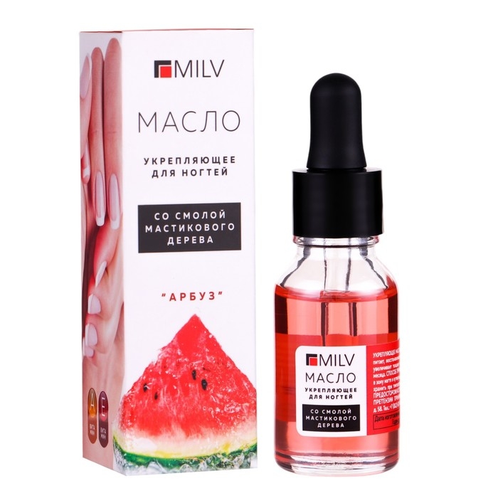 Укрепляющее масло для ногтей Milv со смолой мастикового дерева  Укрепляющее масло для ногтей Milv со смолой мастикового дерева "Арбуз", 15 мл