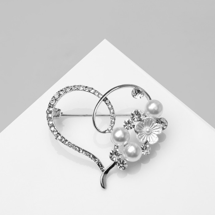 Брошь «Сердце» жемчужное, цвет белый в серебре