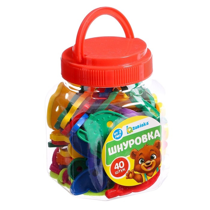 Шнуровка «Весёлые фигурки» в банке, 40 шт., МИКС, по методике Монтессори Шнуровка «Весёлые фигурки» в банке, 40 шт., МИКС, по методике Монтессори