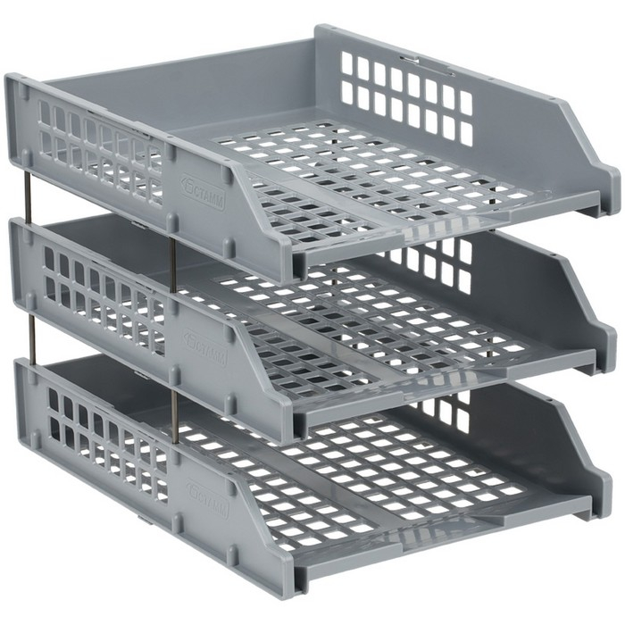 Набор лотков для бумаг горизонтальных Стамм STRONG, 3 штуки, на металлических стержнях, серый