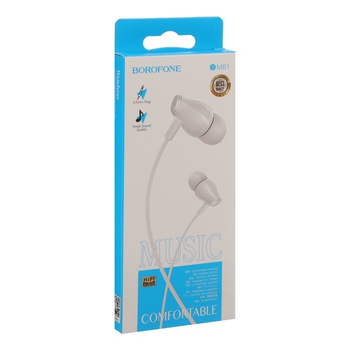 Наушники Borofone BM61 Wanderer, вакуумные, микрофон, Jack 3.5 мм, кабель 1.2 м, белые Наушники Borofone BM61 Wanderer, вакуумные, микрофон, Jack 3.5 мм, кабель 1.2 м, белые