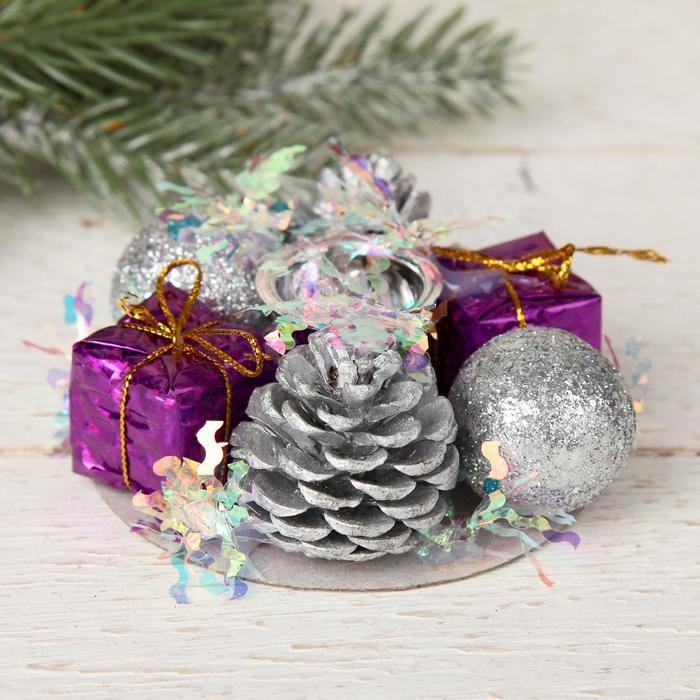 Подсвечник на одну свечу  Подсвечник на одну свечу "Мишура волна" шишки, шарик, подарки, 7,5х3,5 см отв d-2 см