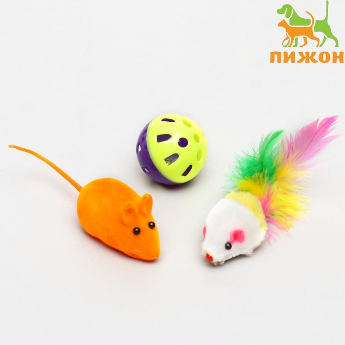 Набор игрушек для кошек: 2 мыши (5 и 6 см) и шарик 3,8 см, микс цветов Набор игрушек для кошек: 2 мыши (5 и 6 см) и шарик 3,8 см, микс цветов