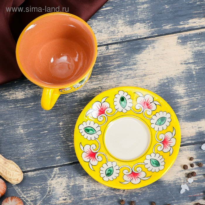 Чайная пара Риштанская Керамика Чайная пара Риштанская Керамика "Цветы", 100 мл, (тарелка 10см, чашка 7,5см), жёлтая