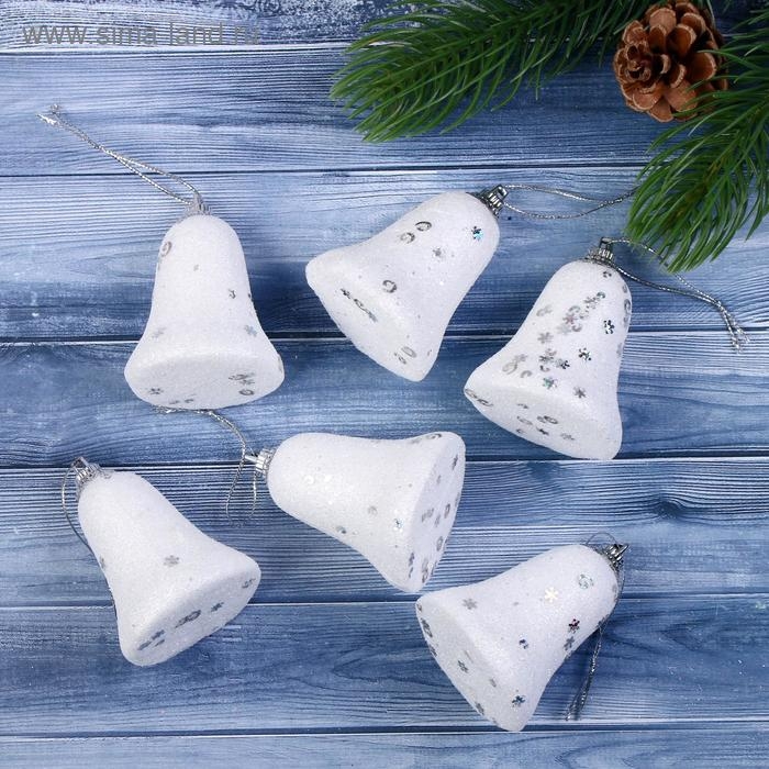 Ёлочные игрушки 6 шт. «Зимнее волшебство. Колокольчики со звёздочками» пластик, 4,5х5,3 см, белый Ёлочные игрушки 6 шт. «Зимнее волшебство. Колокольчики со звёздочками» пластик, 4,5х5,3 см, белый