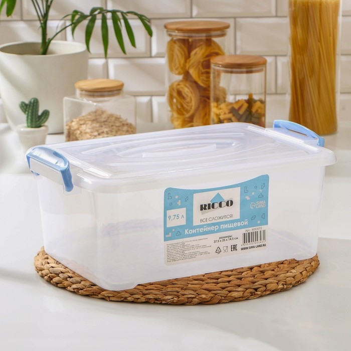 Контейнер пищевой RICCO, 9,75 л, 37,5×25×14 см, прямоугольный, цвет прозрачный, ручки голубые