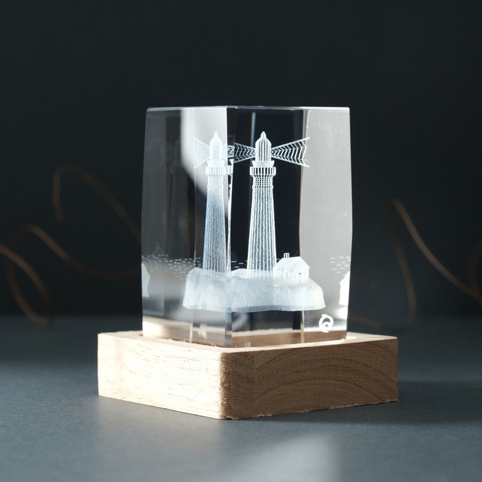 Сувенир стекло подсветка  Сувенир стекло подсветка "Прямоугольник. Маяк" подставка дерево, USB 7х7х10