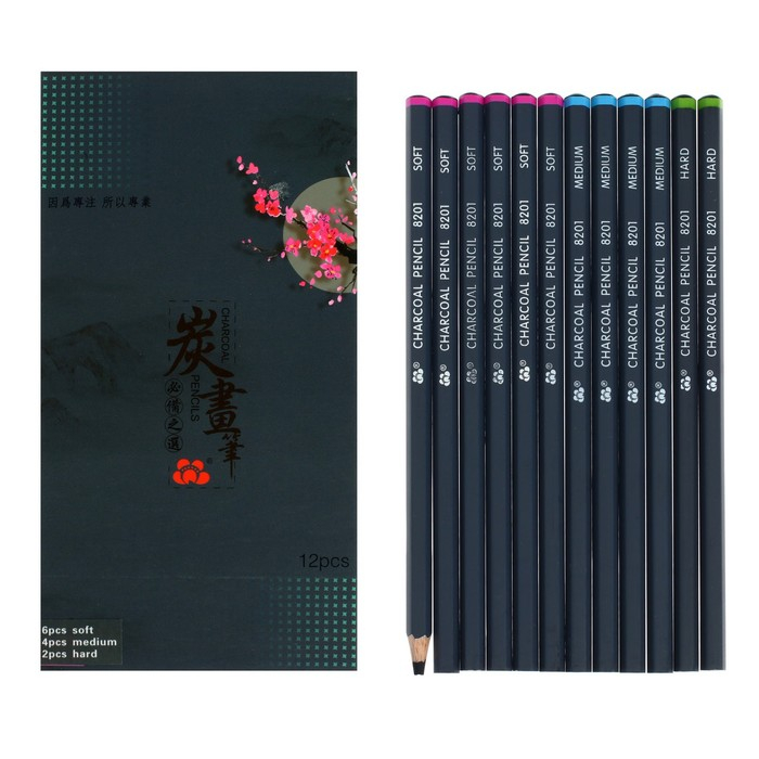 Карандаши угольные черные 12 штук в наборе (6 шт-мягкий,4 шт-средний,2 шт-твердый) Карандаши угольные черные 12 штук в наборе (6 шт-мягкий,4 шт-средний,2 шт-твердый)