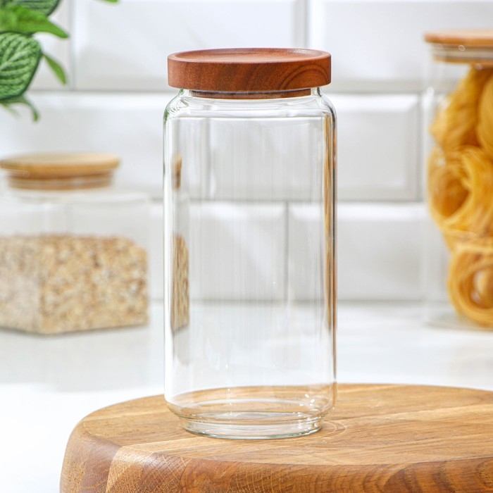 Банка стеклянная для хранения сыпучих продуктов Magistro Village, 900 мл, 9×19 см, с деревянной крышкой Банка стеклянная для хранения сыпучих продуктов Magistro Village, 900 мл, 9×19 см, с деревянной крышкой