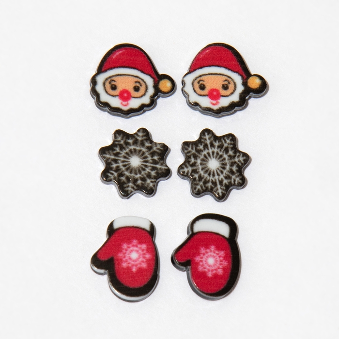 Новый год! Пусеты 3 пары «Снежинка» дед мороз, варежка, цветные Новый год! Пусеты 3 пары «Снежинка» дед мороз, варежка, цветные