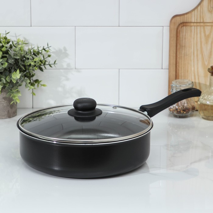 Сотейник Promo, 3,5 л, d=26 см, h=8 см, стеклянная крышка, пластиковая ручка, антипригарное покрытие, цвет чёрный Сотейник Promo, 3,5 л, d=26 см, h=8 см, стеклянная крышка, пластиковая ручка, антипригарное покрытие, цвет чёрный