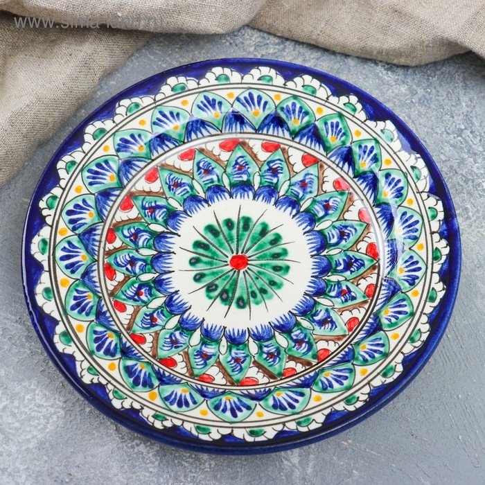 Тарелка Риштанская Керамика Тарелка Риштанская Керамика "Цветы", синяя, плоская, 17 см, микс