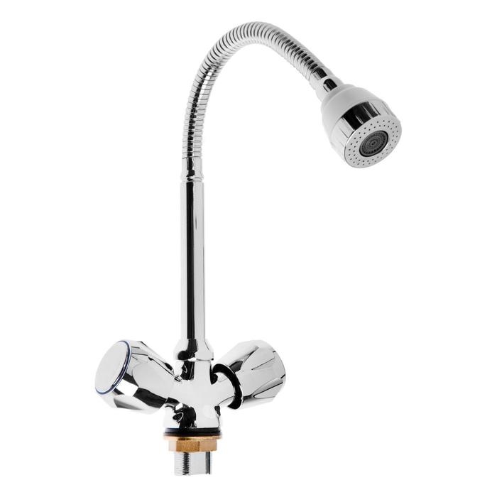 Смеситель для кухни  Смеситель для кухни "ЦС-СМ" ЭМ902044, двухвентильный, на гайке, гибкий излив, хром