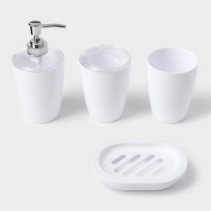 Набор для ванной «Эталон», 4 предмета: дозатор для мыла, мыльница, 2 стакана, 24×8×17 см, цвет белый Набор для ванной «Эталон», 4 предмета: дозатор для мыла, мыльница, 2 стакана, 24×8×17 см, цвет белый