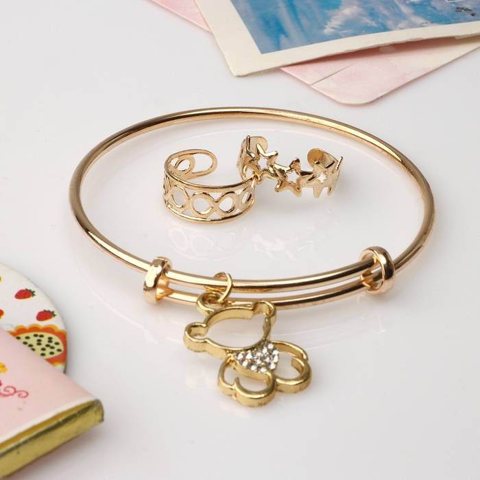 Набор детский «Выбражулька» 3 предмета: браслет, 2 кольца, медвежонок, цвет белый в золоте Набор детский «Выбражулька» 3 предмета: браслет, 2 кольца, медвежонок, цвет белый в золоте