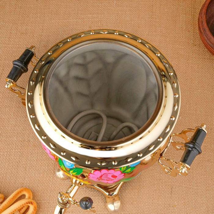 Набор «Цветы на золотом», жёлудь, 3 предмета, самовар 3 л, заварочный чайник 0,7 л, поднос Набор «Цветы на золотом», жёлудь, 3 предмета, самовар 3 л, заварочный чайник 0,7 л, поднос