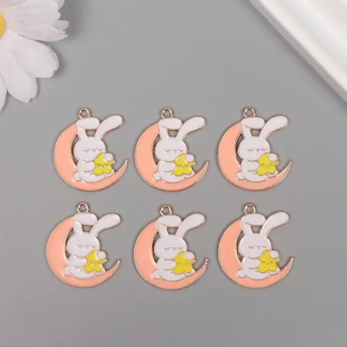 Декор для творчества металл, эмаль Декор для творчества металл, эмаль "Зайчик на розовом месяце" 2,9х2,5 см