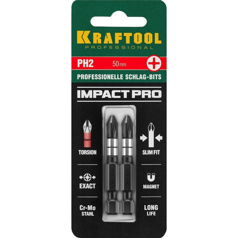 Бита KRAFTOOL Impact Pro PH2, 50мм, тип Е, 2шт/уп (26191-2-50-S2)
