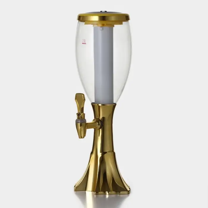 Башня пивная с краном Gold, колба для льда, с подсветкой, 2 л, пластик, батарейки AG3, золотистая