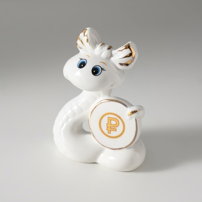 Сувенир керамика Сувенир керамика "Белая змейка с бантиком, с монеткой $" с золотом 3х7,5х9,3 см