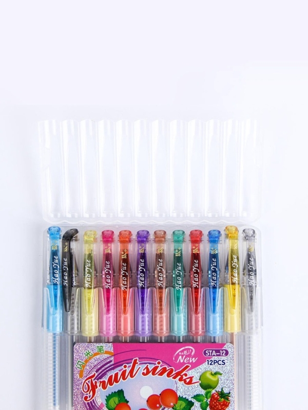 Набор гелевых ручек, 12 цветов, с блестками, с резиновым держателем, в пластиковой коробке