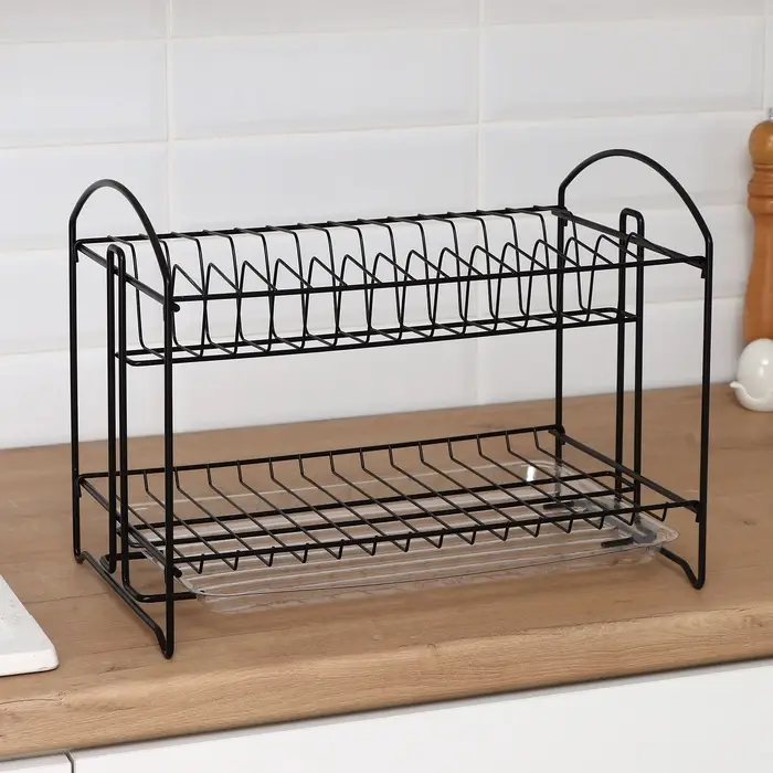 Сушилка для посуды с поддоном 2-х ярусная, разборная, 39.5&times;24&times;29.5 см, чёрная