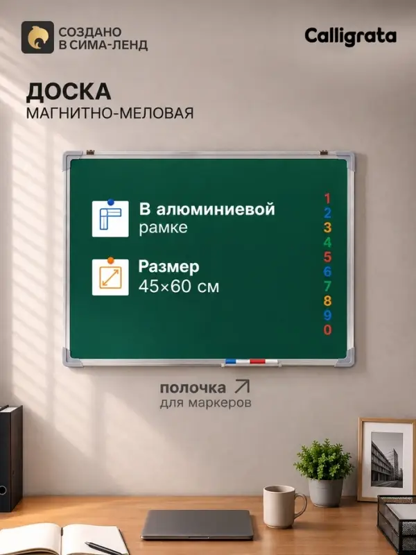 Доска магнитно-меловая, 45&times;60 см, зеленая, в алюминевой рамке, CALLIGRATA