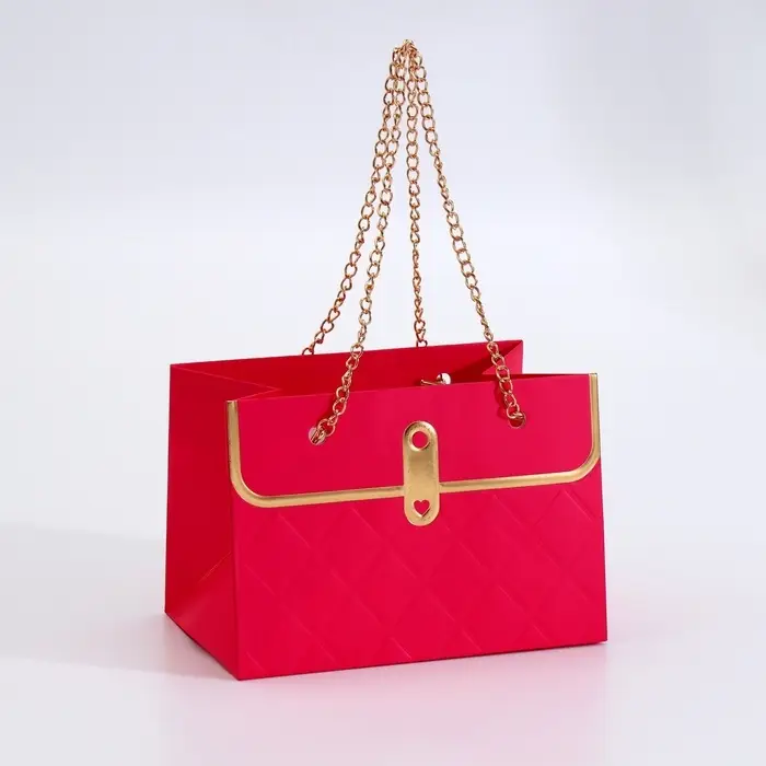 Пакет переноска для цветов, ручка цепь, &laquo;Малиновый&raquo;, с золотым тиснением, 15&times;10.5&times;10 см