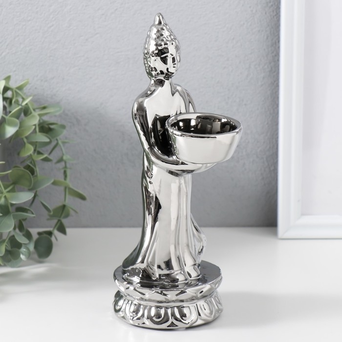 Подсвечник керамика на 1 свечу "Будда" d=4 см серебро 8х11х22,5 см