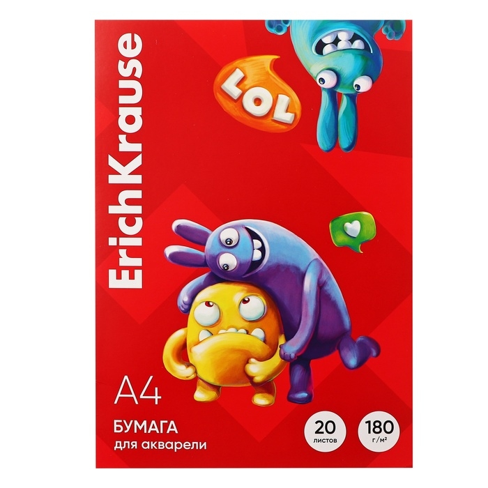 Бумага для акварели А4, 20 листов, ErichKrause Jolly Friends, блок 180 г/м², 100% белизна, в картонной папке Бумага для акварели А4, 20 листов, ErichKrause Jolly Friends, блок 180 г/м², 100% белизна, в картонной папке