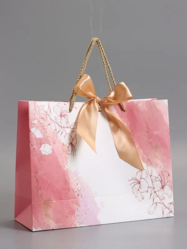 Пакет подарочный "Мрамор" , розовый , с бантиком , 32 х 25 х 11 см