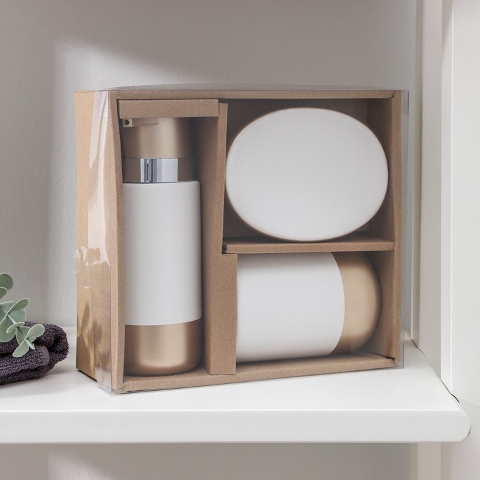 Наборы аксессуаров для ванной комнаты «Руж», 3 предмета (дозатор для мыла 290 мл, мыльница, стакан 300 мл), цвет белый Наборы аксессуаров для ванной комнаты «Руж», 3 предмета (дозатор для мыла 290 мл, мыльница, стакан 300 мл), цвет белый