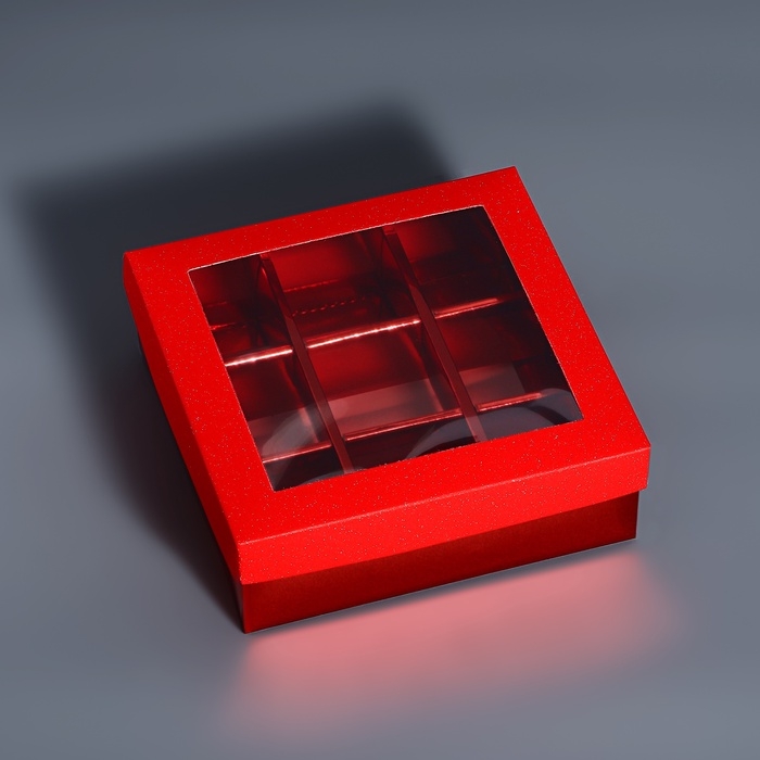 Коробка для 9 конфет красный глиттер, 12,5 х 12,5 х 4 см. Кондитерская упаковка Коробка для 9 конфет красный глиттер, 12,5 х 12,5 х 4 см. Кондитерская упаковка