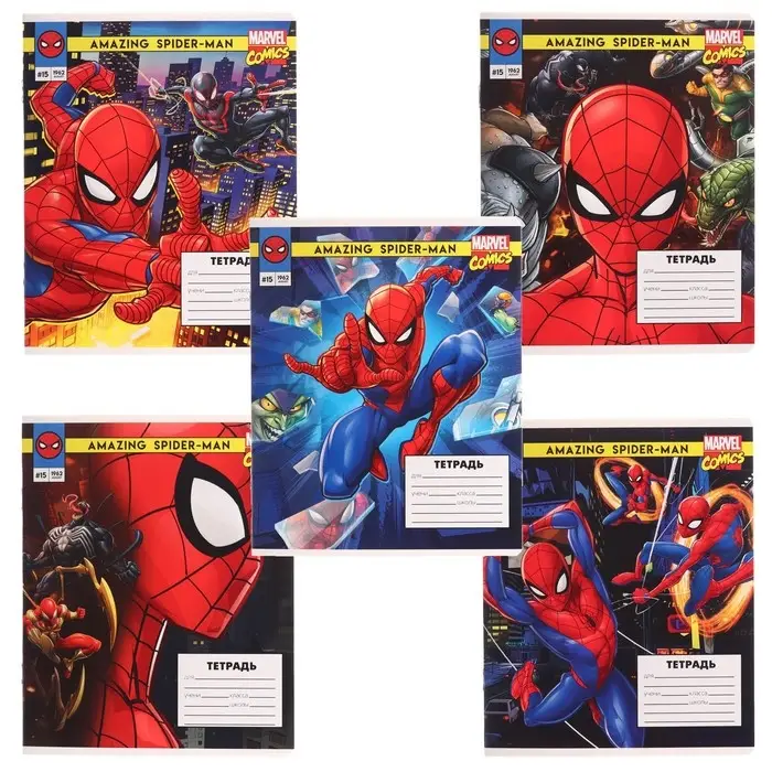 Тетрадь в клетку 12 листов, 5 видов МИКС, обложка мелованный картон, &laquo;Человек-паук&raquo;