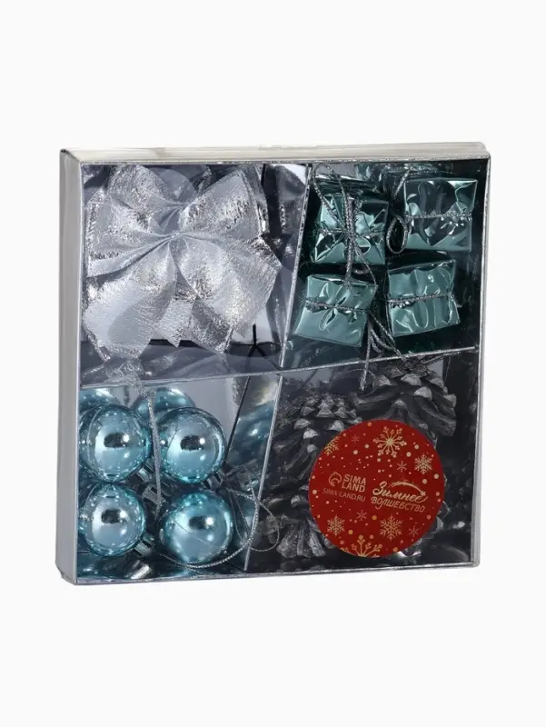 Ёлочные игрушки &laquo;Сюрприз&raquo;, набор 16 шт. (4 шара, 4 банта, 4 подарка, 4 шишки), серебристый/голубой
