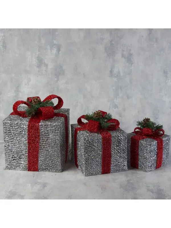 Светодиодная фигура &laquo;Подарки с красной лентой&raquo; 15, 20, 25 см, текстиль, металл, 220 В, свечение белое