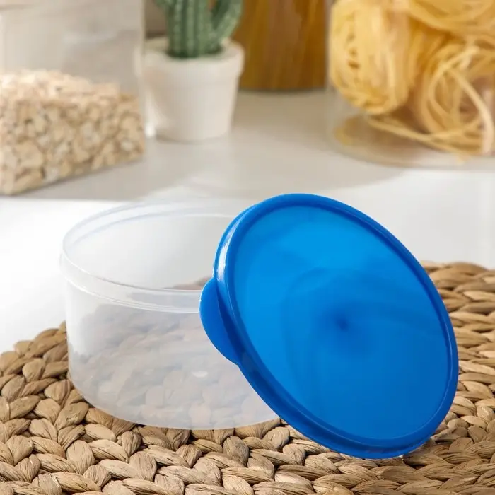 Контейнер круглый Доляна, пищевой, 500 мл, прозрачный, крышка синяя Контейнер круглый Доляна, пищевой, 500 мл, прозрачный, крышка синяя