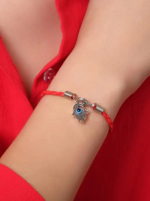 Браслет-оберег &laquo;Красная нить&raquo;, рука счастья Хамса на застёжке, синий в чернёном серебре, 19 см
