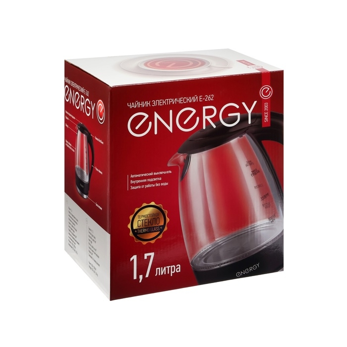 Чайник электрический ENERGY E-262, стекло, 1.7 л, 2200 Вт, белый Чайник электрический ENERGY E-262, стекло, 1.7 л, 2200 Вт, белый