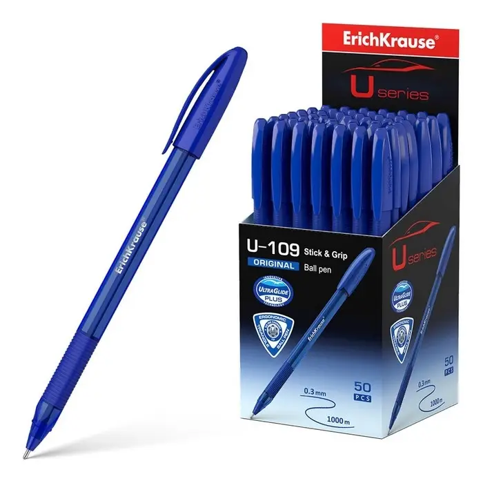 Ручка шариковая ErichKrause U-109 Original Stick&Grip, игольчатый узел 1.0 мм, чернила синие, резиновый держатель, супермягкое письмо Ручка шариковая ErichKrause U-109 Original Stick&Grip, игольчатый узел 1.0 мм, чернила синие, резиновый держатель, супермягкое письмо