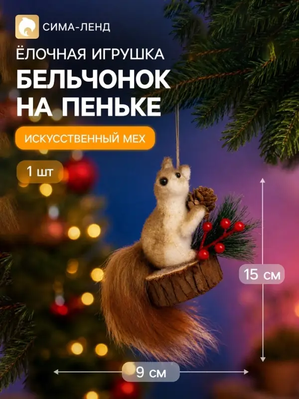 Украшение ёлочное &laquo;Бельчонок на пеньке&raquo;, 9&times;15 см, коричневое