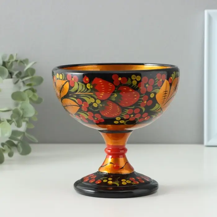 Конфетница на ножке, 14&times;14 см, дерево, хохлома