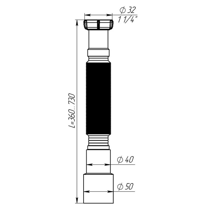Труба гофрированная Aquant , 1 1/4 Труба гофрированная Aquant , 1 1/4" х 40/50 мм, L=360-730 мм