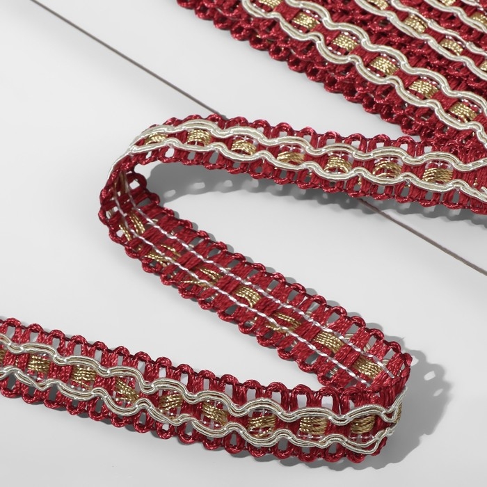 Тесьма декоративная, 16 мм, 9,1 ± 0,5 м, цвет бордовый/бежевый Тесьма декоративная, 16 мм, 9,1 ± 0,5 м, цвет бордовый/бежевый