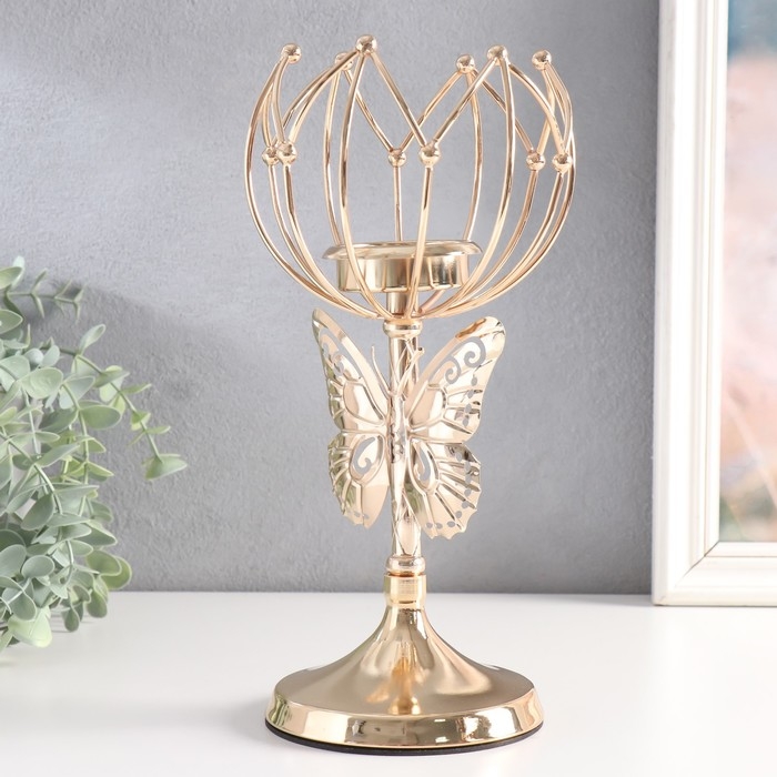 Подсвечник металл на 1 свечу "Бабочка и геометрическая лилия" d-5,5 см золото 11х11х27 см