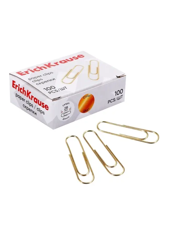 Скрепки канцелярские ErichKrause, 28 мм, 100 шт., омедненные, картонная упаковка