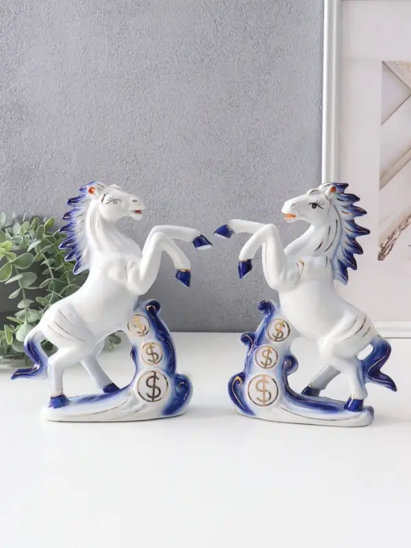 Сувенир керамика "Кони и деньги" сине-золотой набор 2 шт 19,5х6х21 см